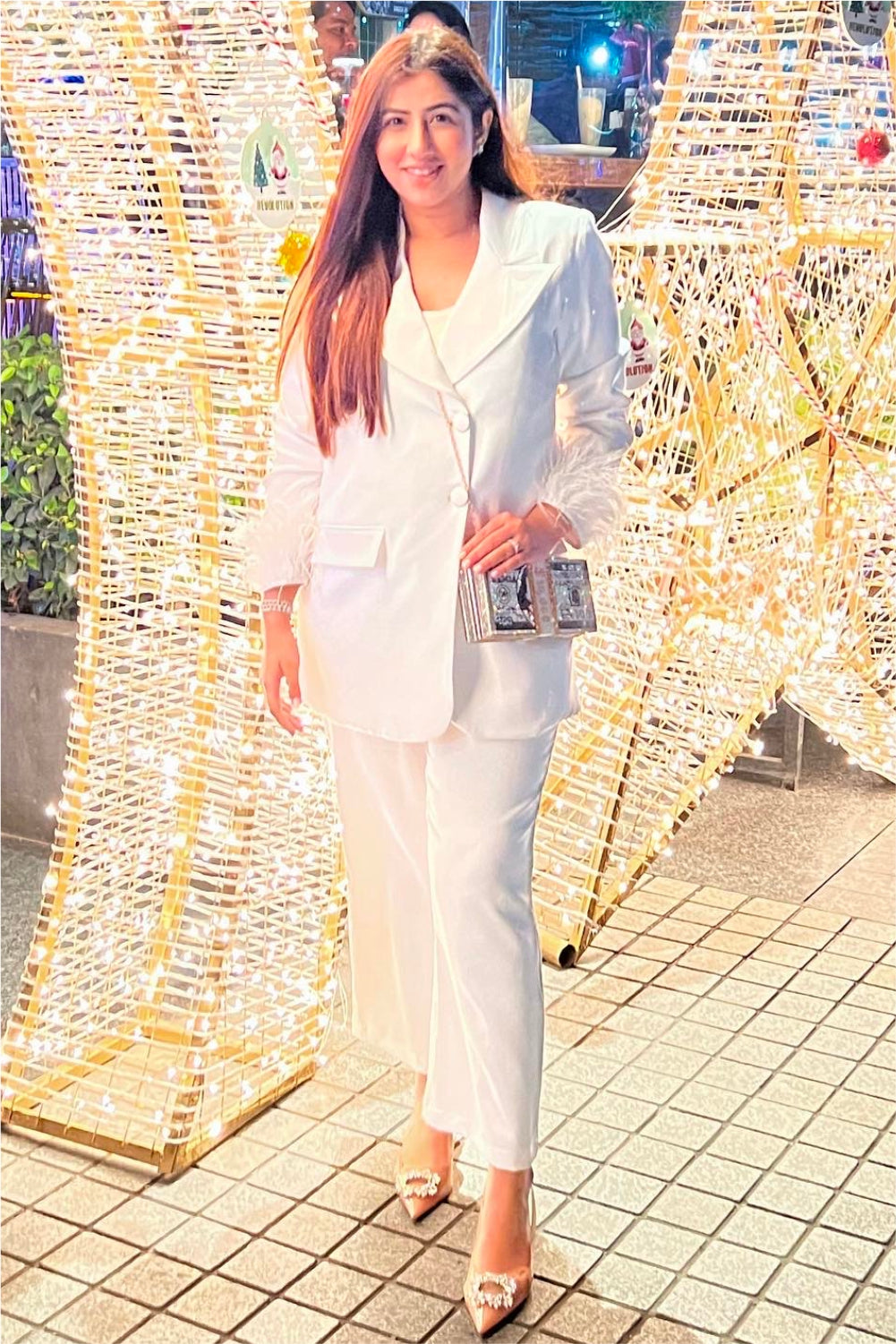 White Blazer with Feathered sleeves and Pants