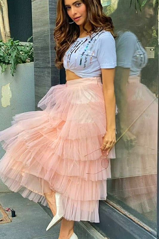 Aamna Sharif In Layered Peach Tulle Skirt (6908191080626)