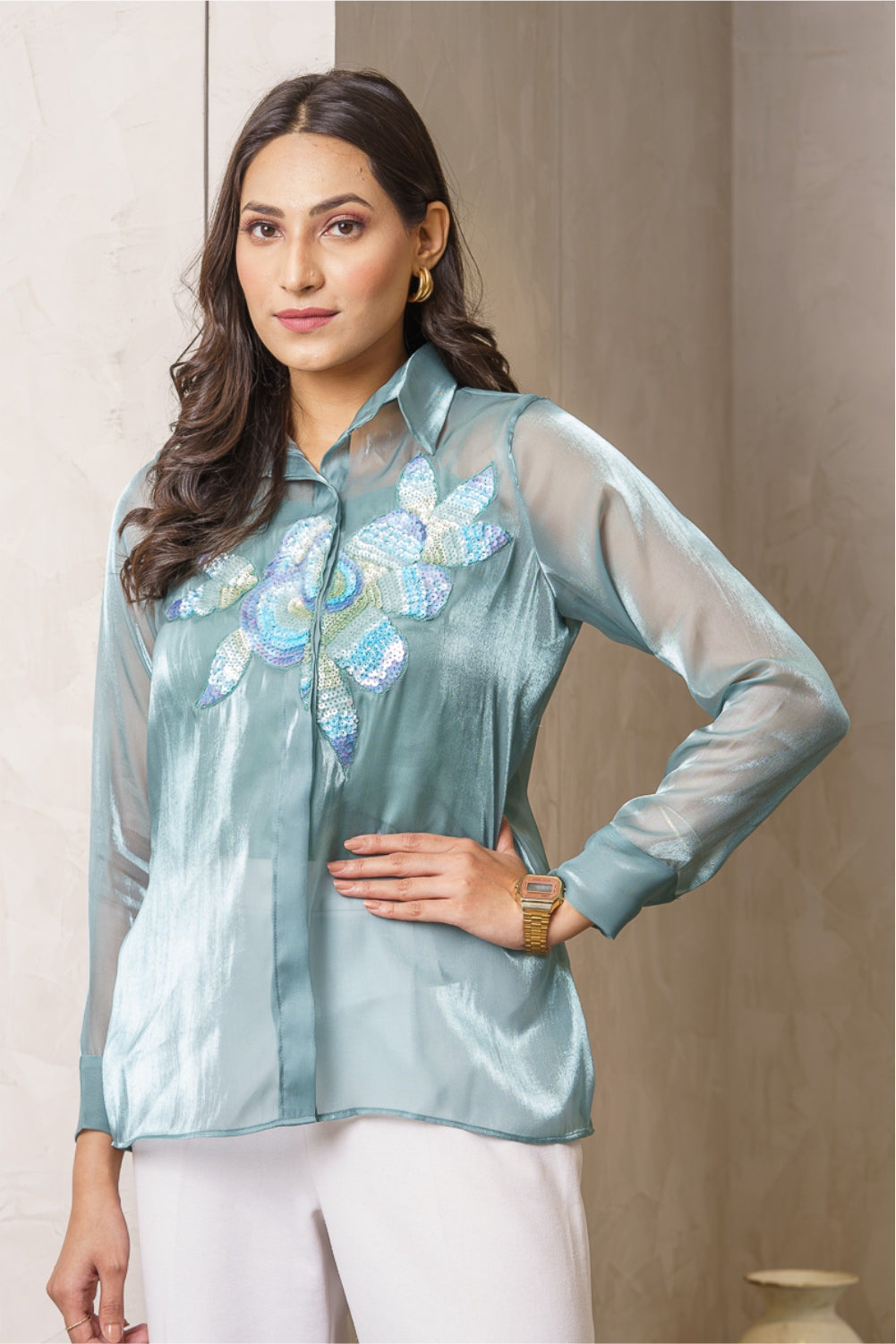 Lulu Teal Shirt With Daffodil Embellishment