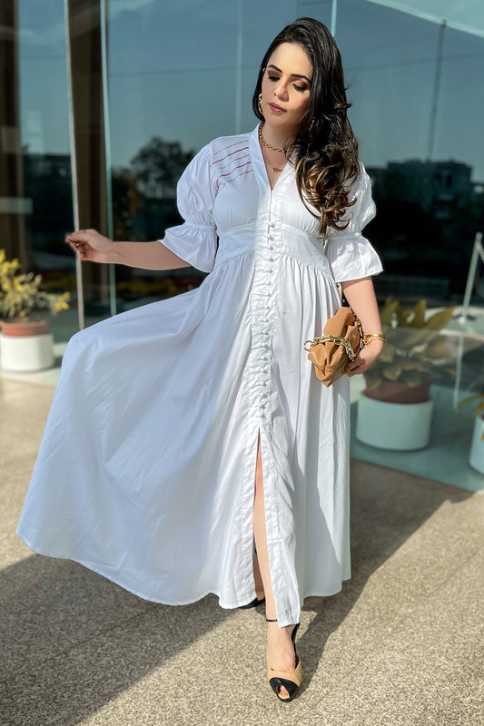 Heena Somani in  Classic White V Neck Midi Dress (6839052796082)