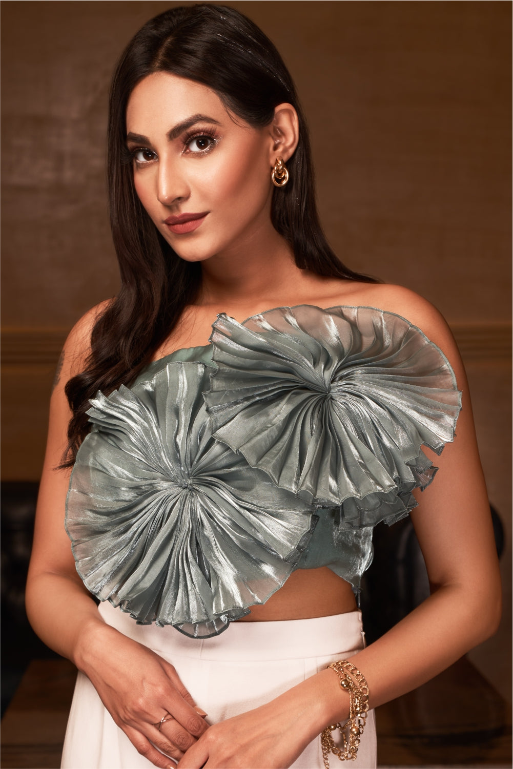 Teal Organza Pleated Flower Tube Top