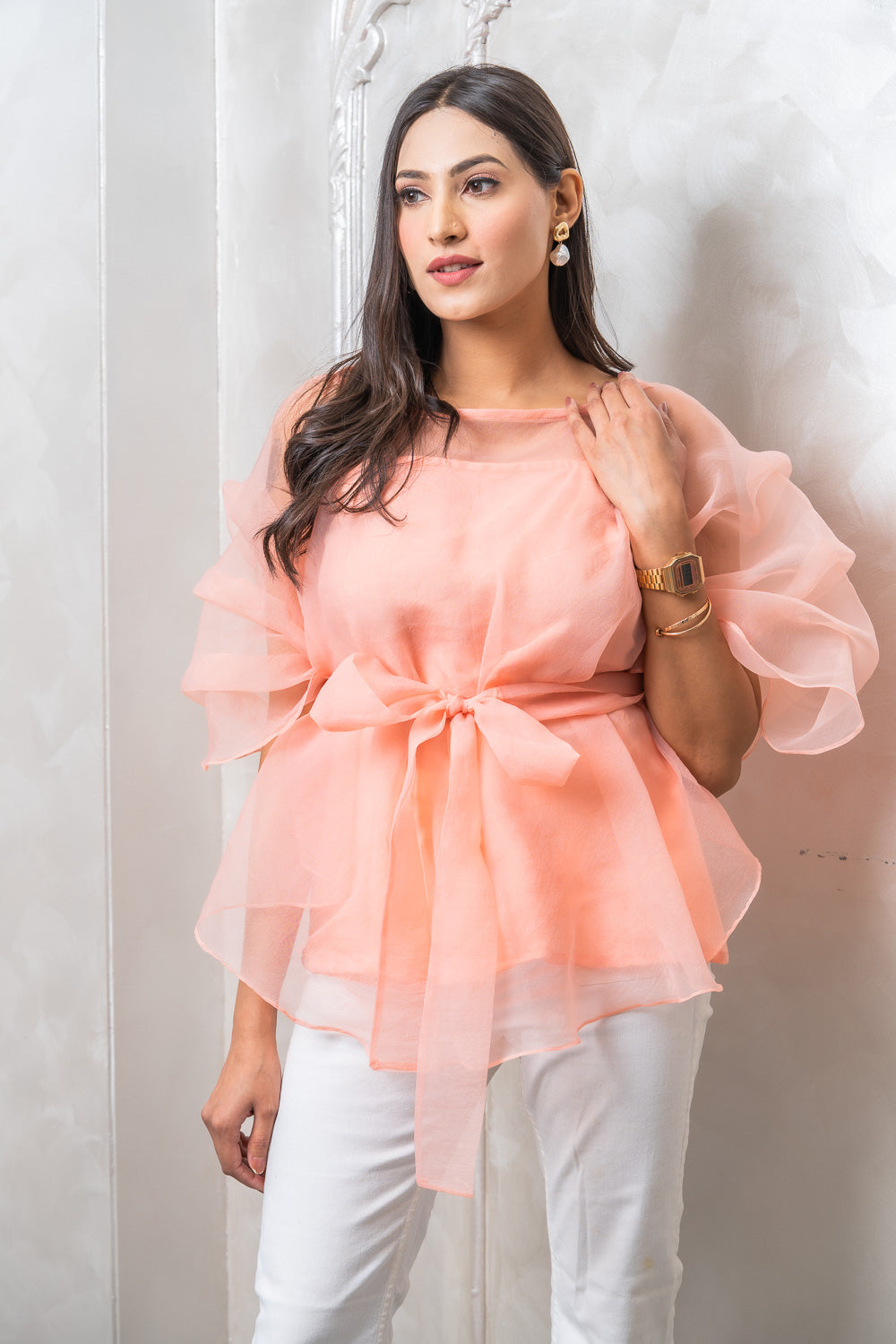 Peach Organza Cape Top With Belt