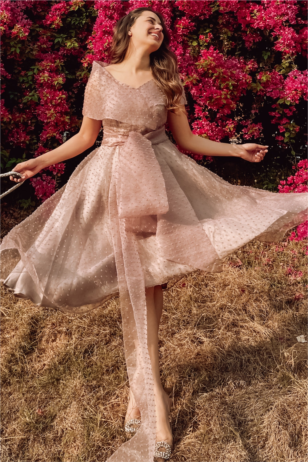 Sania Chadha In Dirty Pink Dotted Organza Midi Dress