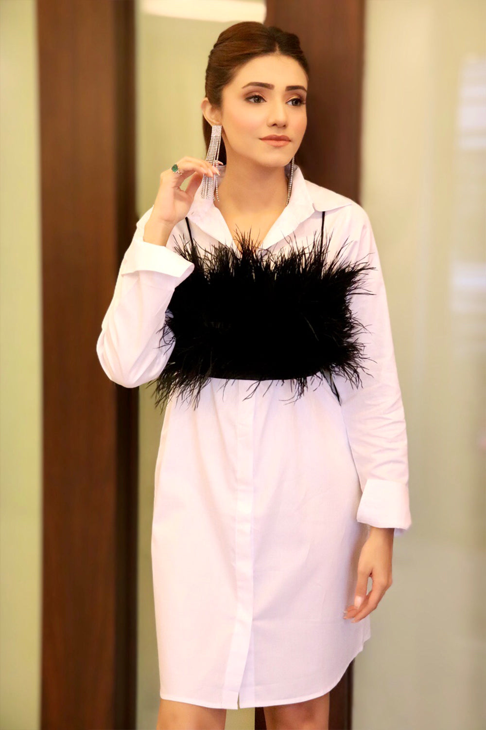 Geetika Verma In Bloom White Cotton Shirt Dress With Black Feather Crop Top
