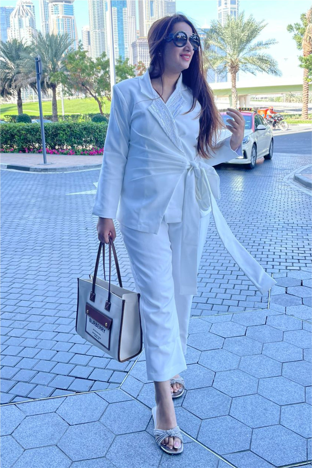 White Embellished Tie-Up Blazer with pants
