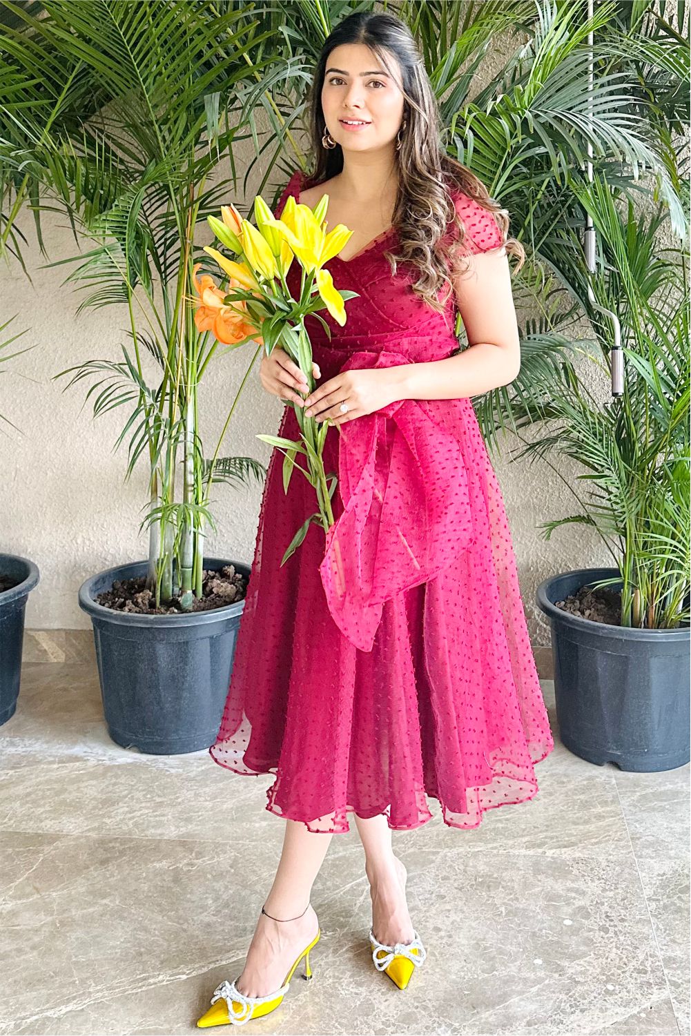 Anushka Yadav Sabherwal  In Red Dotted Textured Midi Dress
