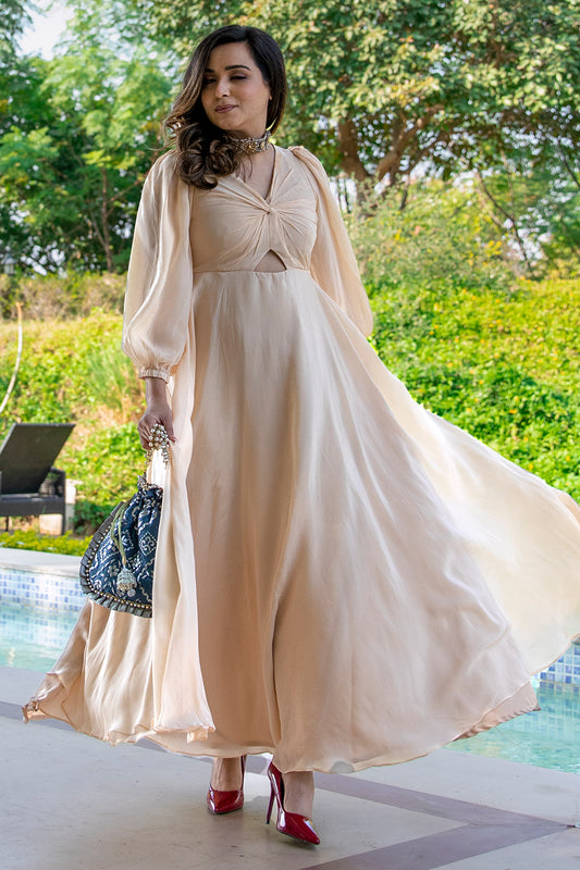 Cream Crepe Gathered Cut Out Dress (7528048034046)