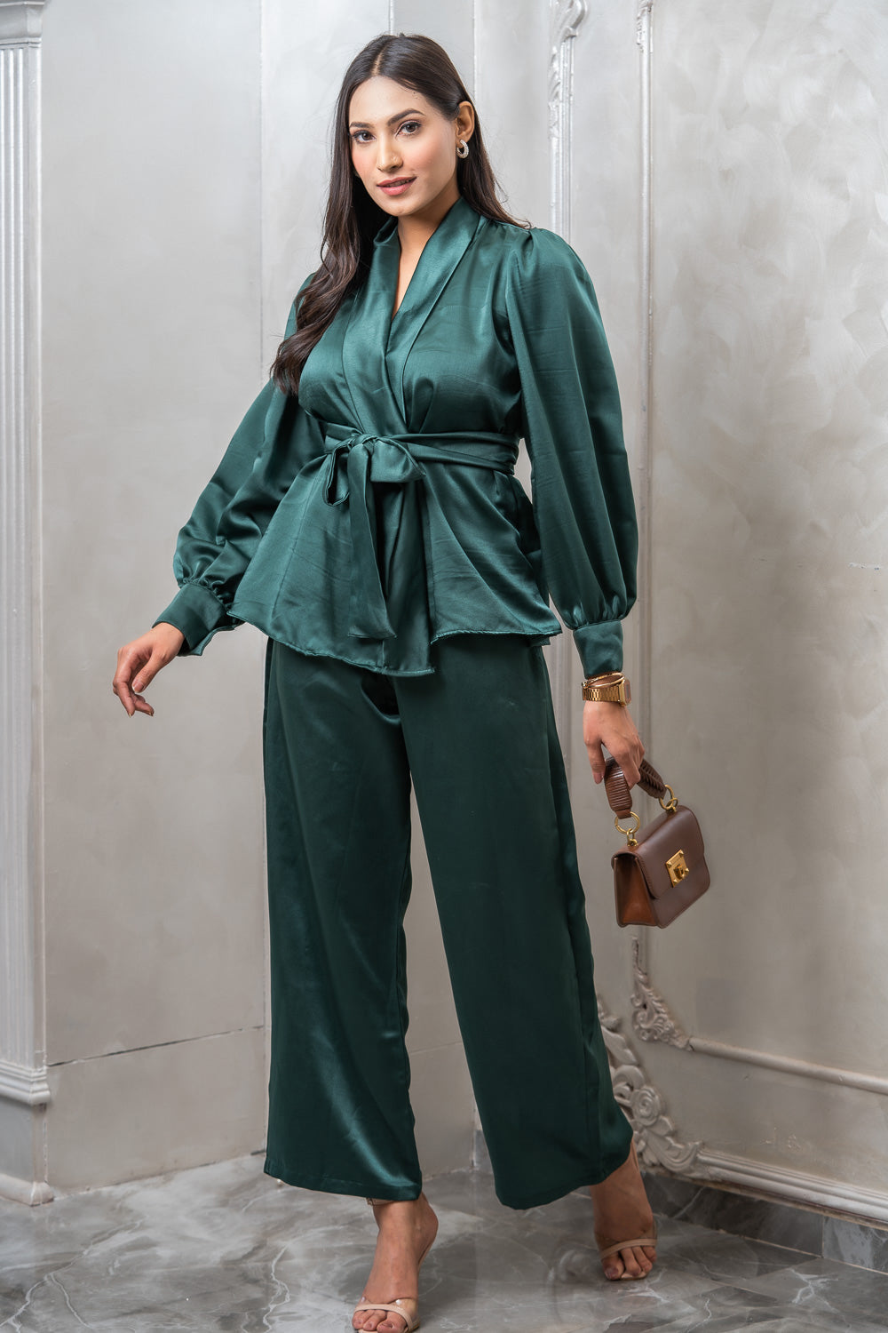 Bottle Green Satin Tie Up Top With Wide Leg Pants