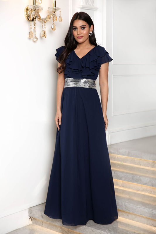 House Party Navy Blue V Neck Ruffle Gown (6752229490866)