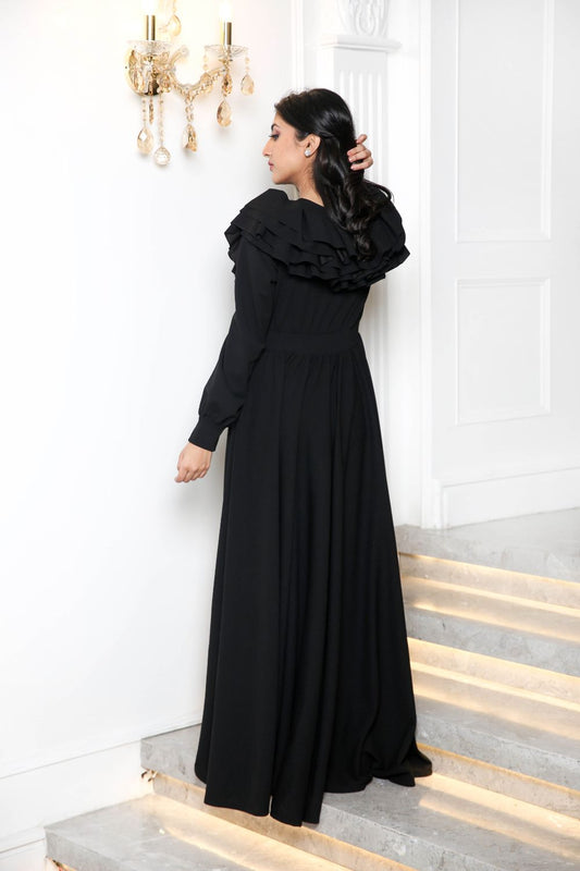 House Party Black Shoulder Ruffle Gown (6803910754482)