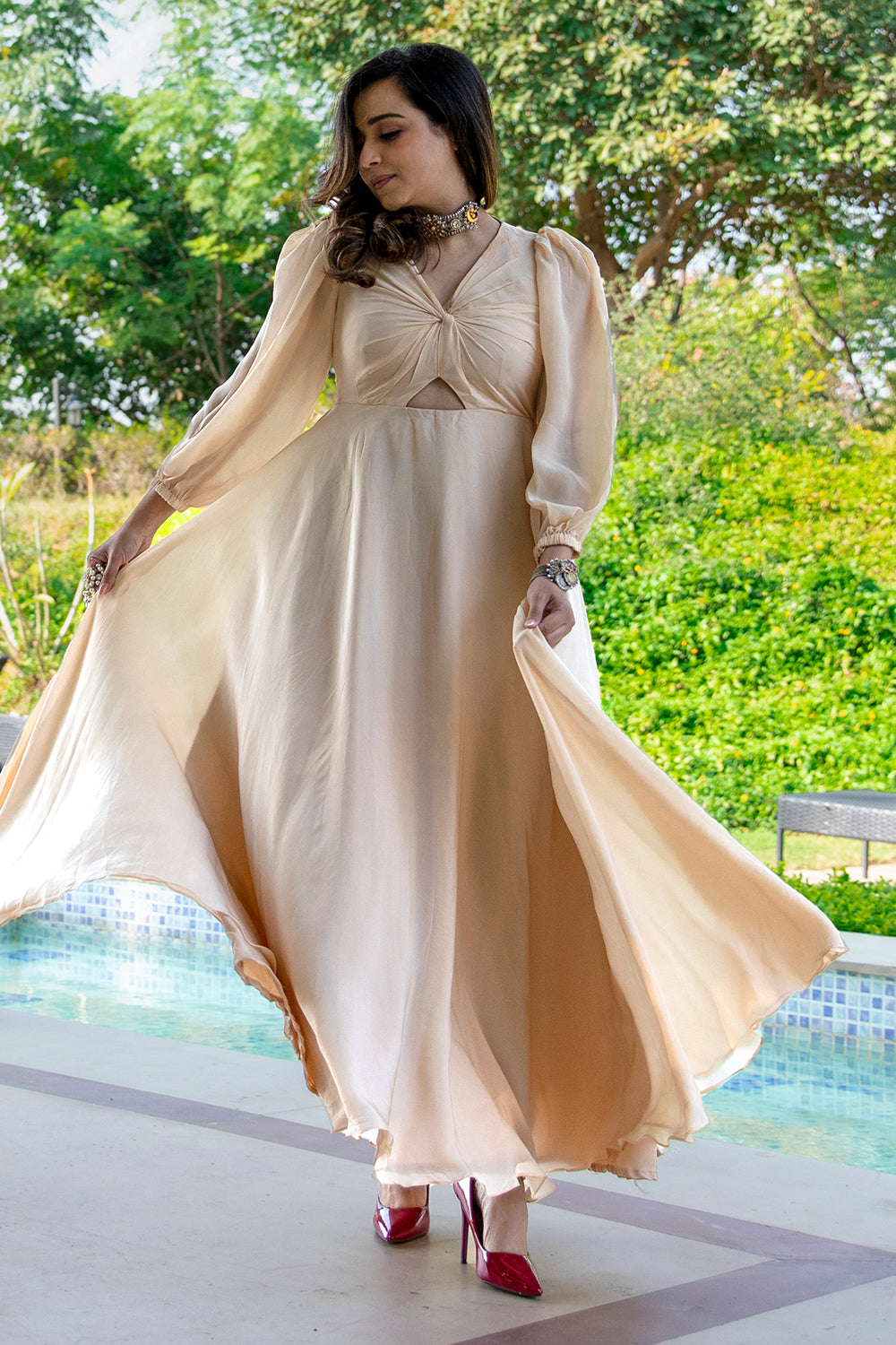 Cream Crepe Gathered Cut Out Dress – LabelSwish