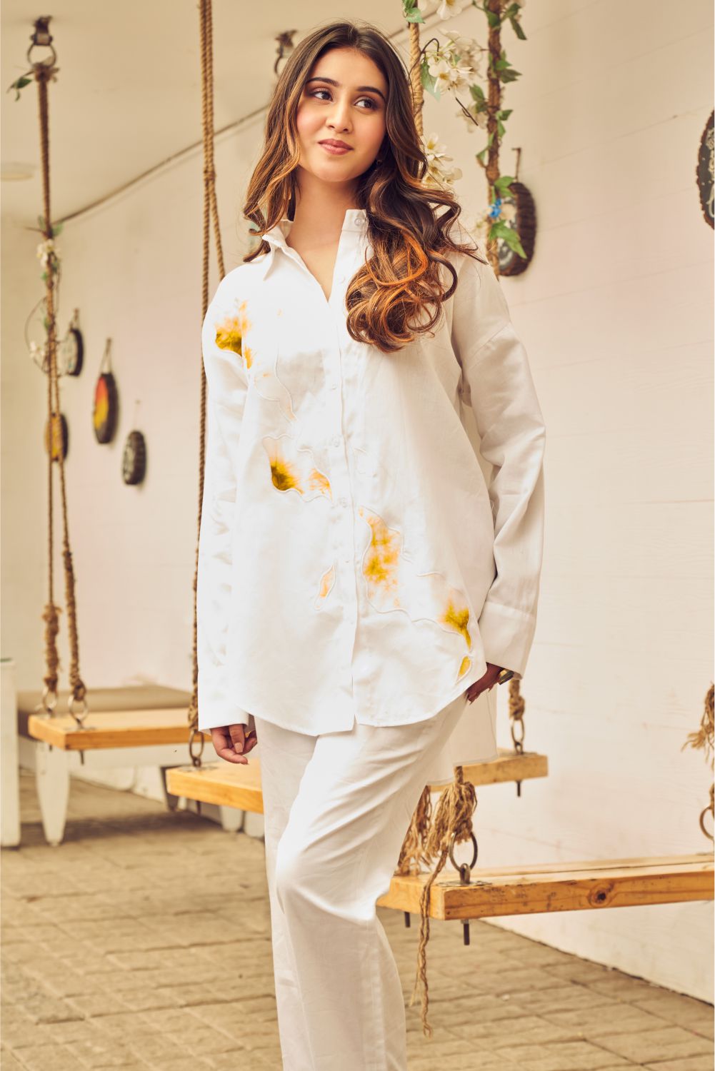 Boho White Cotton Oversized Patch Work Shirt With Pants