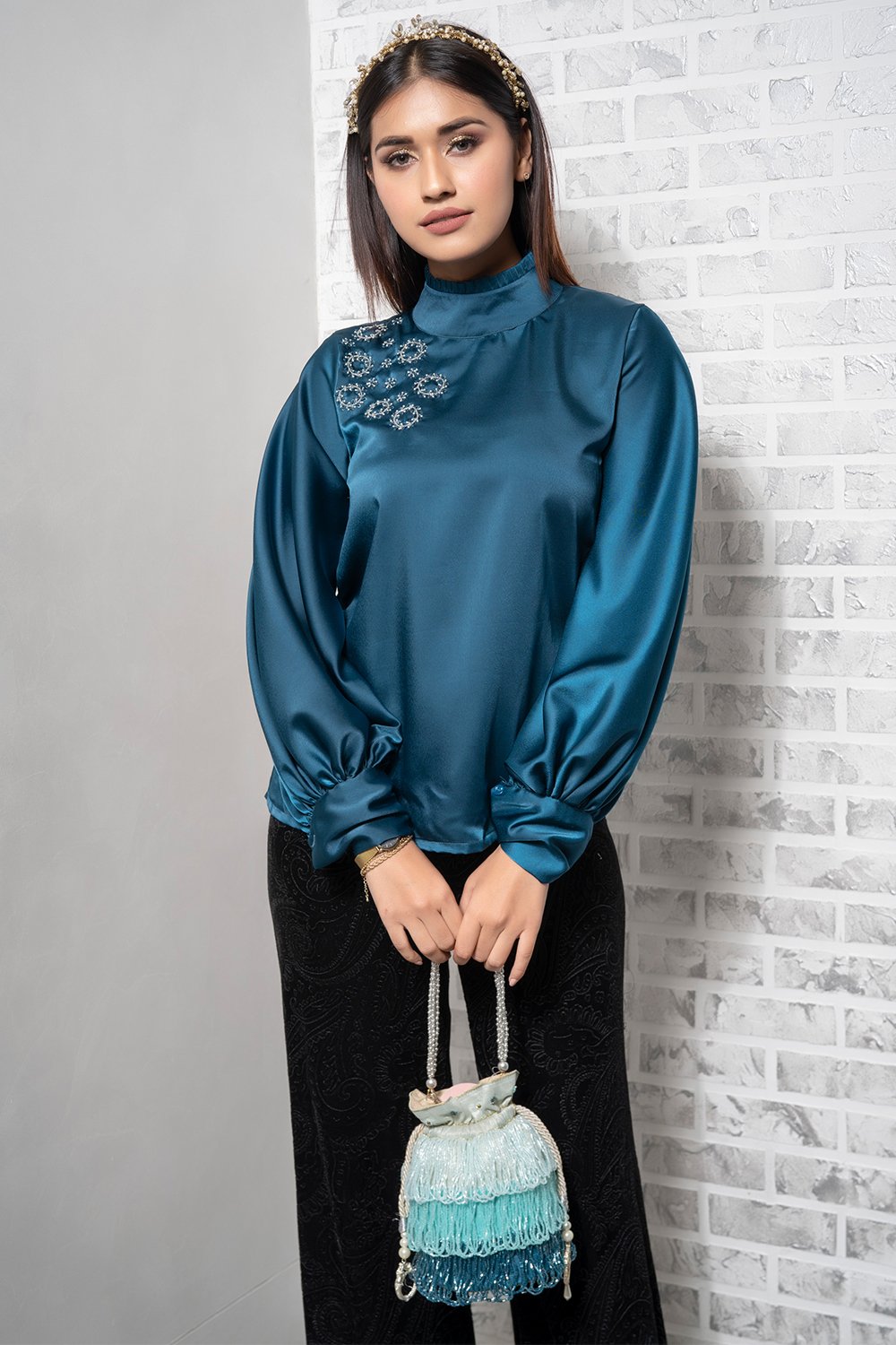 Teal Blue Satin Embellished Top (7461784617214)