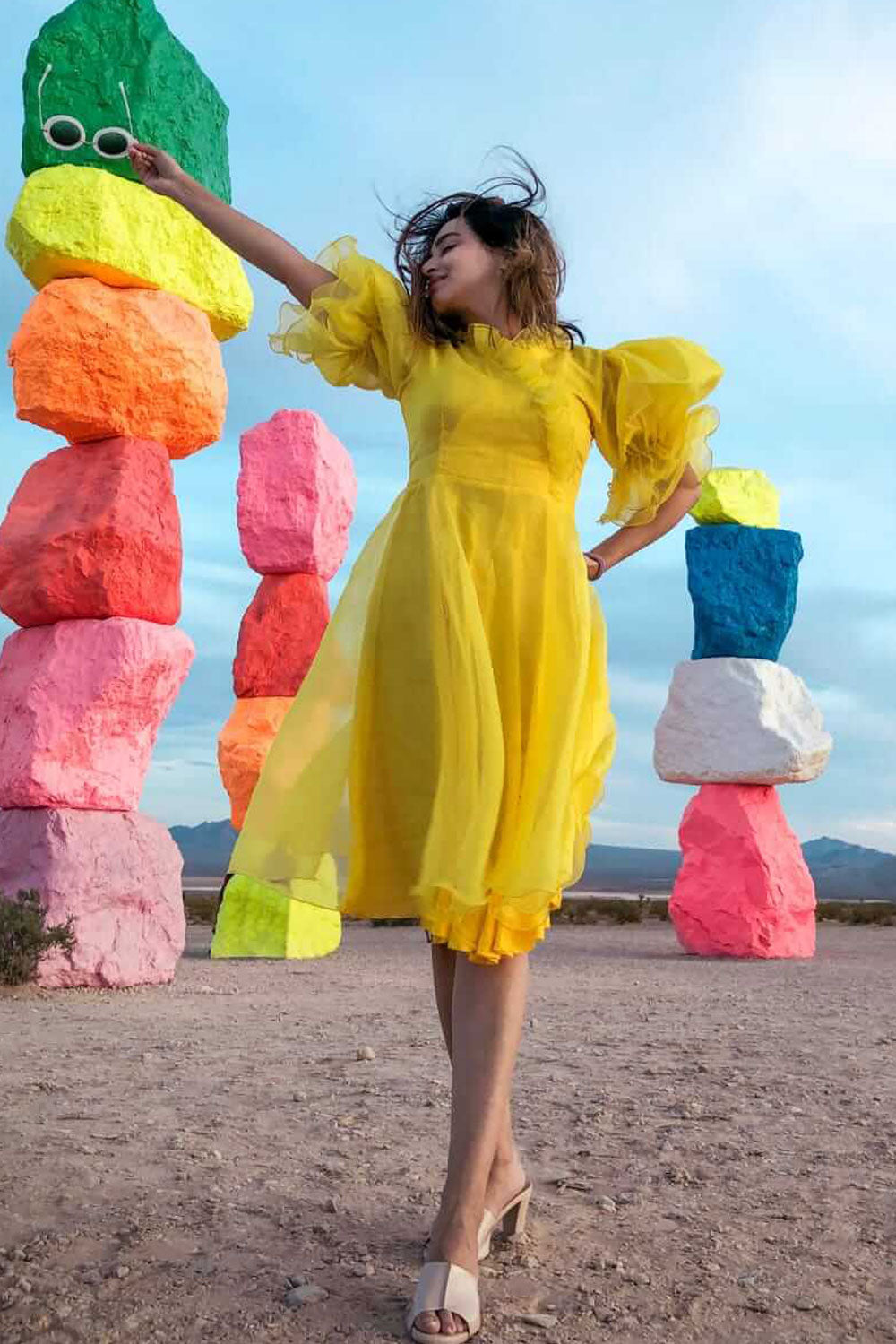 YELLOW PUFF SLEEVE DRESS (6756422811826) (6897683660978)
