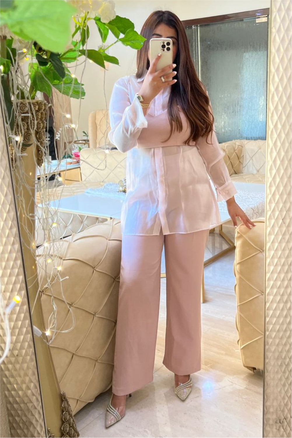 Baby Pink Shirt With Cropped Bustier And Pants