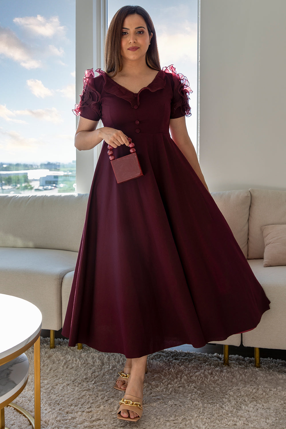 Kompal Matta Kapoor In Maroon Rose Organza Flared Dress