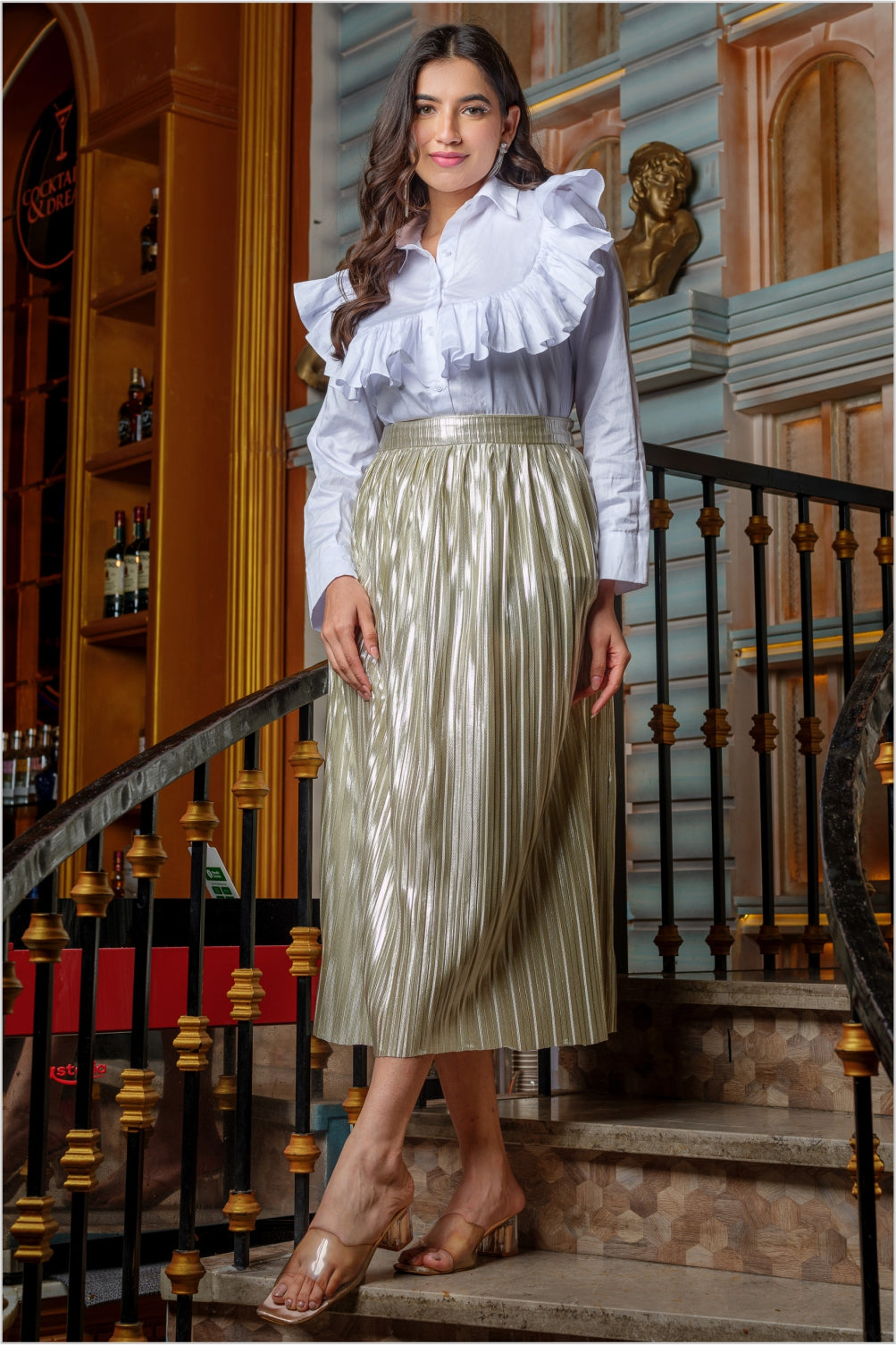 White Cotton Frill Shirt with Pleated Shimmer Midi Skirt
