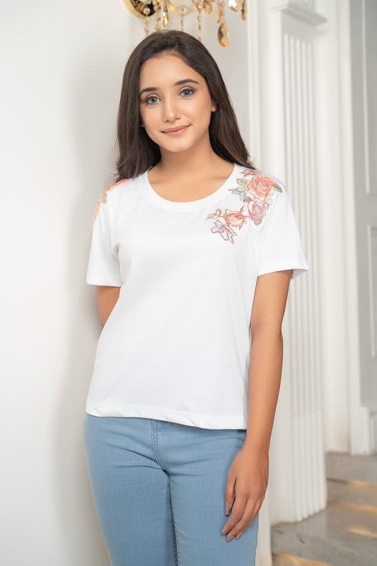 White Floral Patch Tshirt (6942284742834)