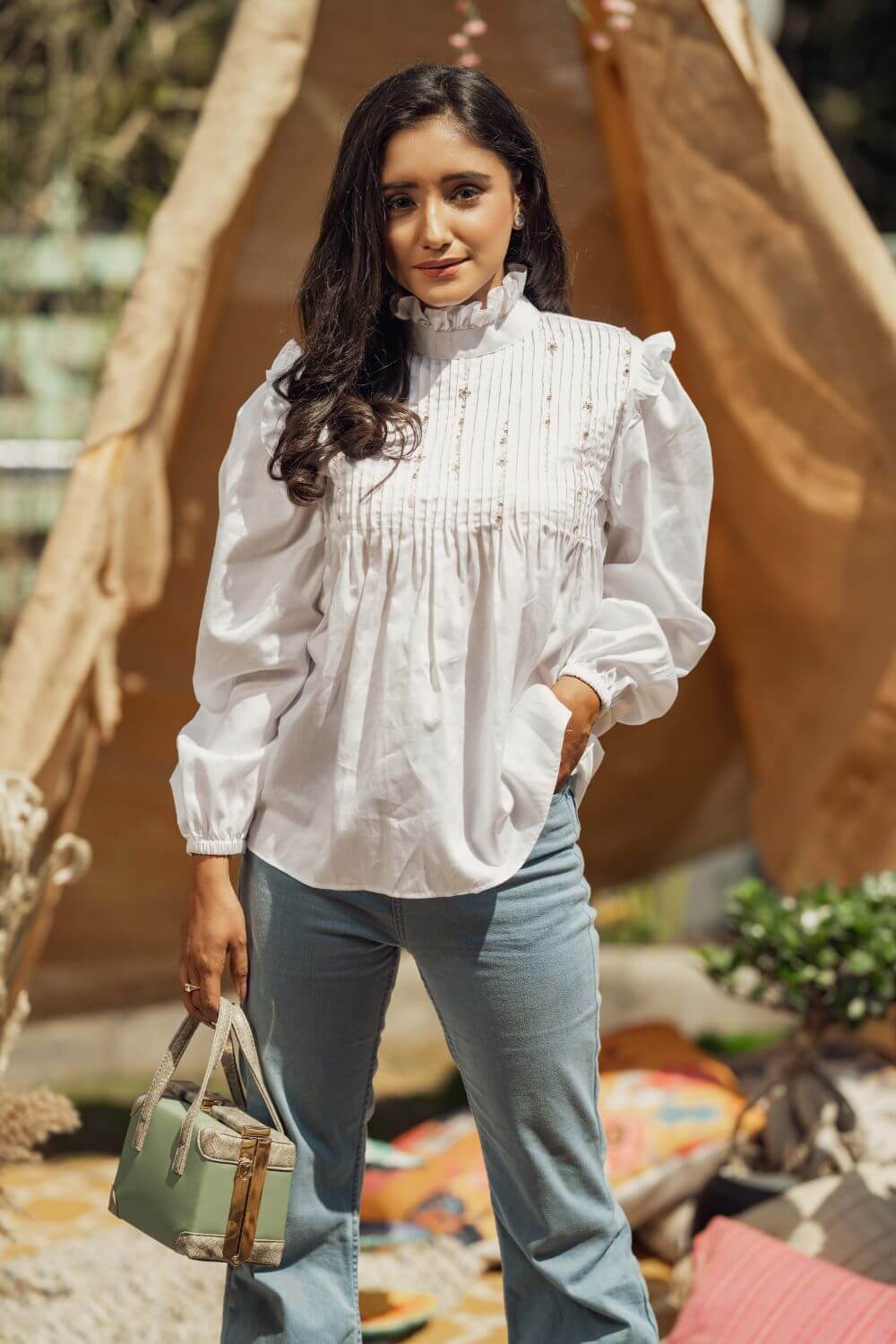 Pleated Victorian White Top (6756458922162)
