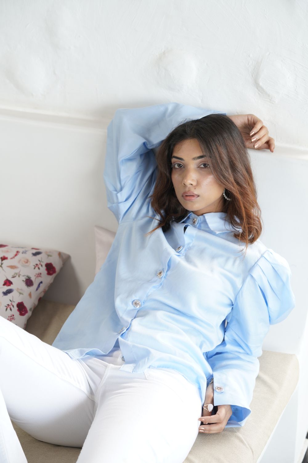 Pleated Sleeve Blue Shirt (6752228475058)