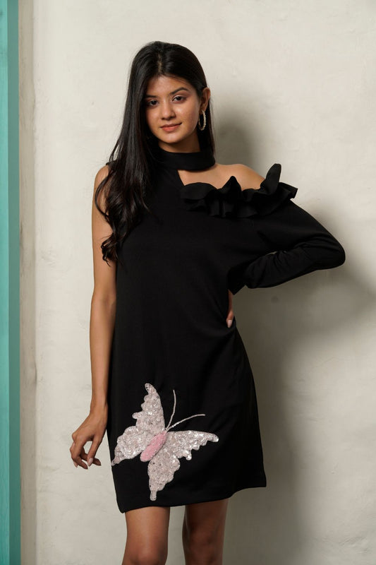 Black Butterfly Ruffle Shoulder Dress (6752228147378)