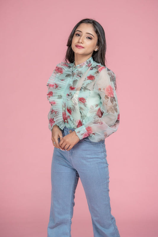 Mint Floral Pleated Shirt (6752231719090)