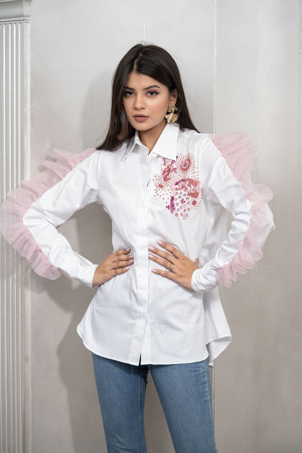 Bloom White Cotton Embellished Shirt With Pink Organza Frill