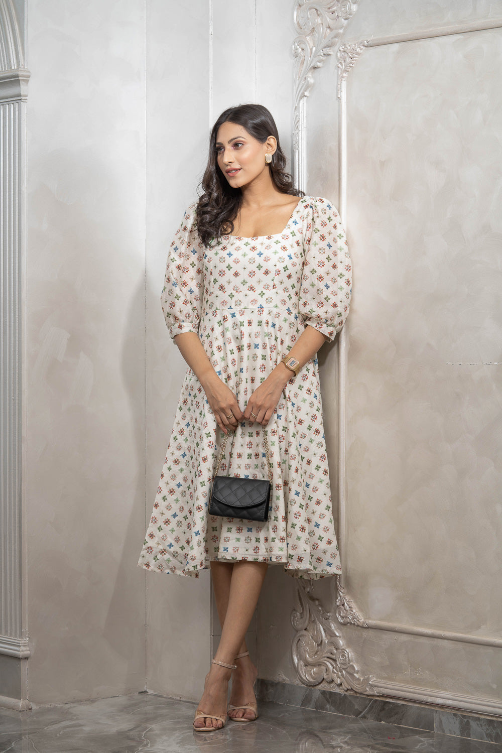 Bloom Off-White Printed Square Neck Midi Dress
