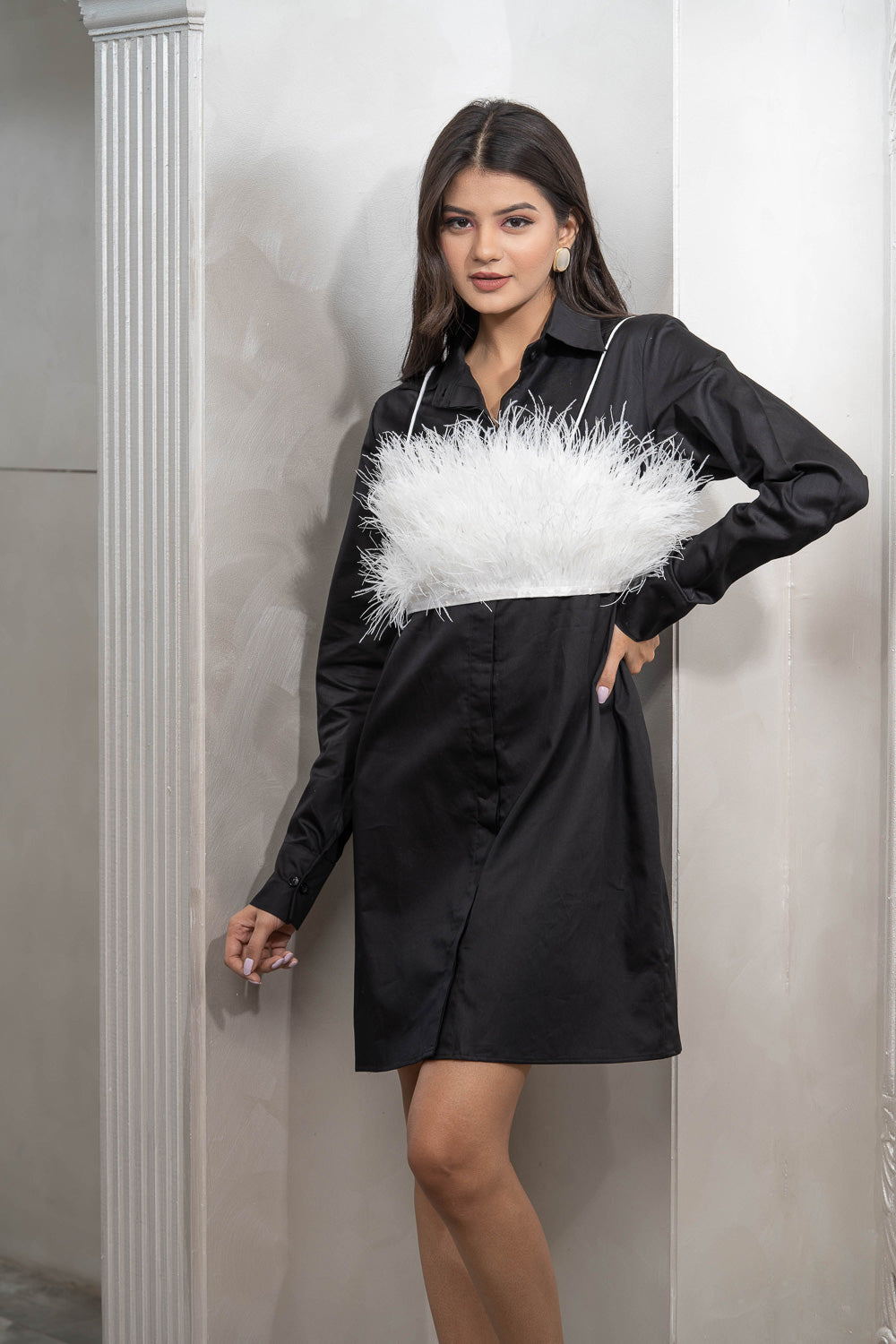 Bloom Black Cotton Shirt Dress With White Feather Crop Top
