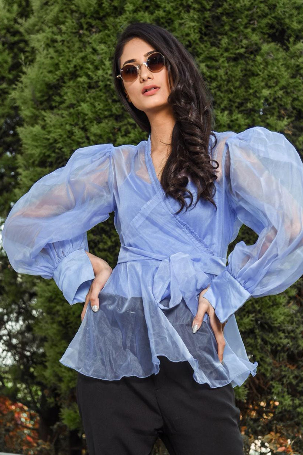 Blue Pleated Balloon Sleeves Organza Top – LabelSwish Bluelea 