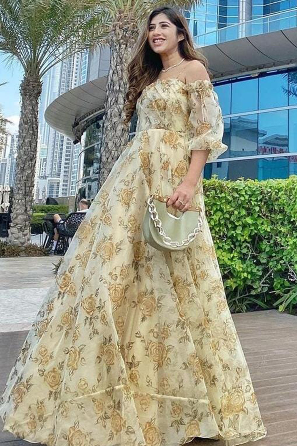 Yellow Floral Cold Shoulder Gown