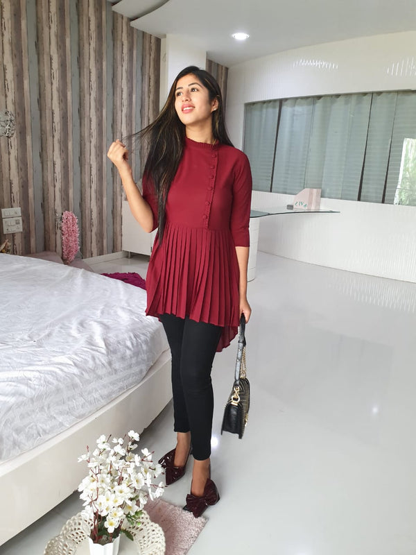 Maroon Pleated High Low Top (6752216907954)