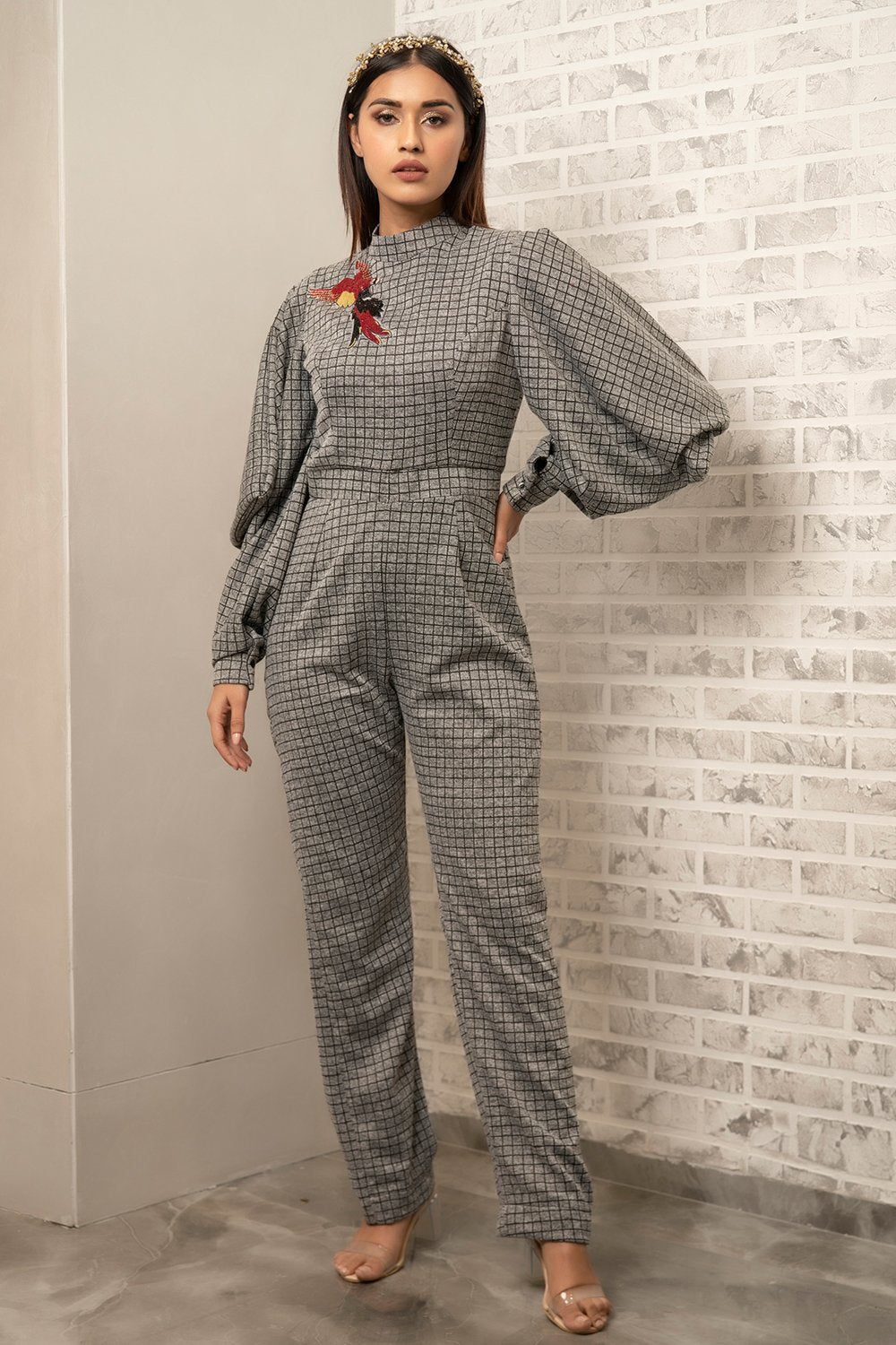Checkered Fabric Embellished Jumpsuit (7461208097022)