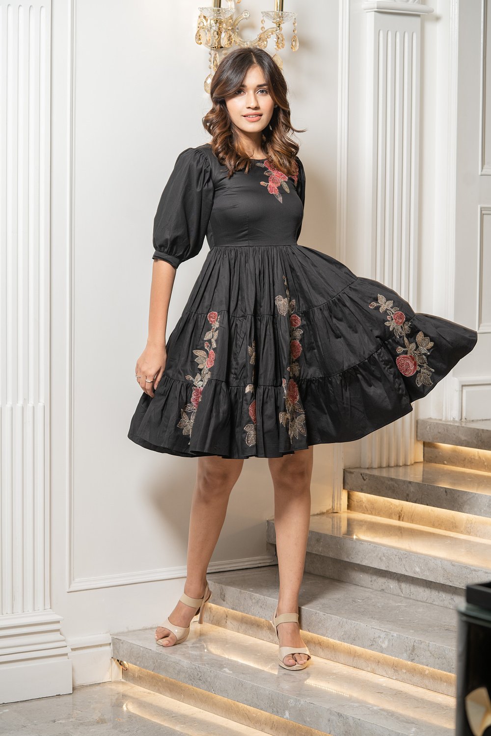 Classic Black Floral Patch Dress (6830445330610)