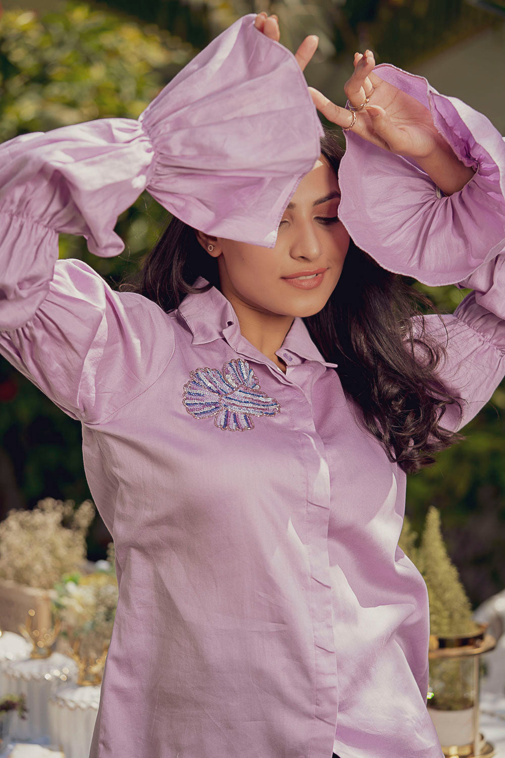 Lavender Cotton Layered Puff Sleeves Shirt