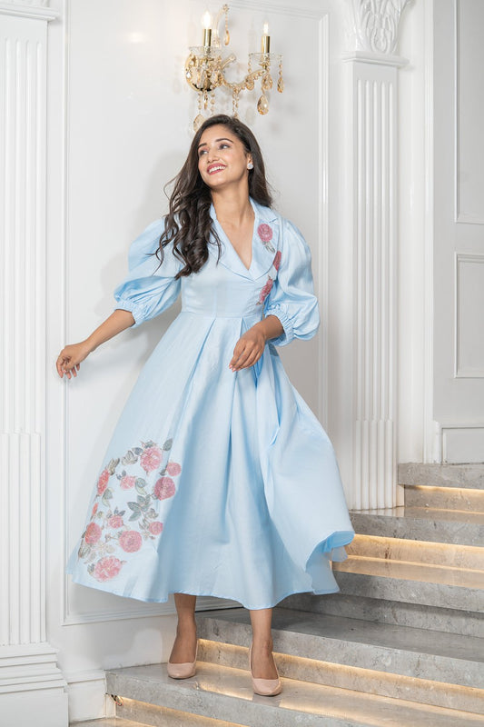 Powder Blue Midi Floral Dress (6830426390706)