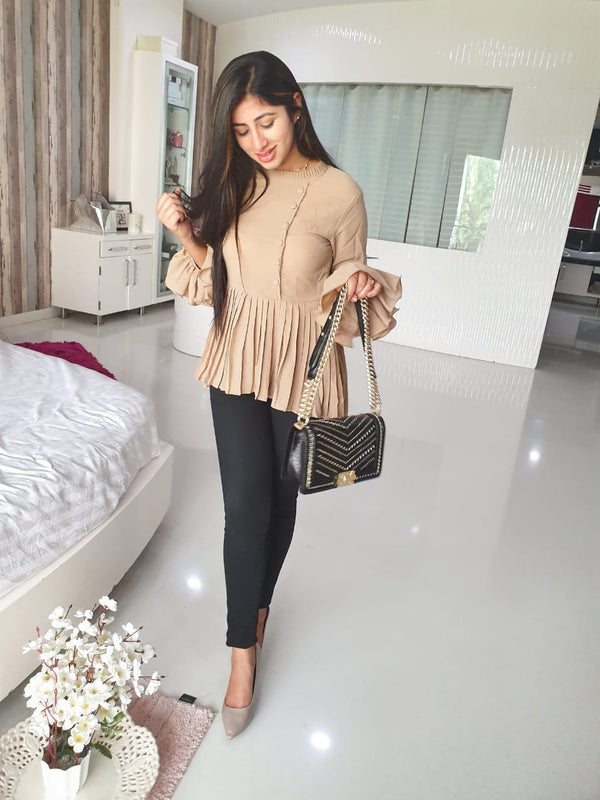 Beige Pleated High Low Top (6752216088754)
