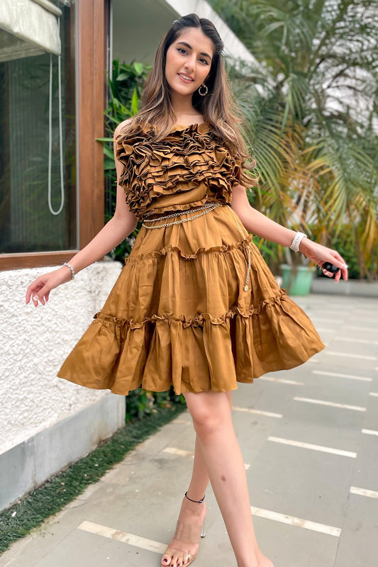 Brown Ruffle Midi Dress (7459810509054)