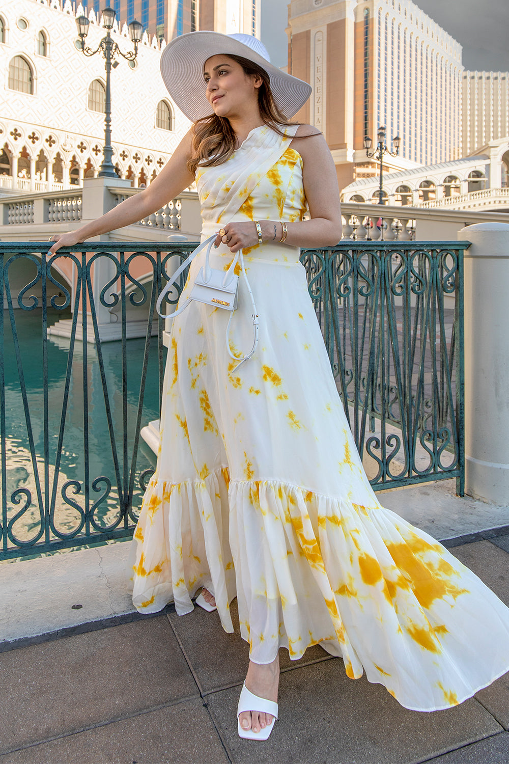 Kompal Matta Kapoor In White Yellow Tie Dye One Shoulder Pleated Dress
